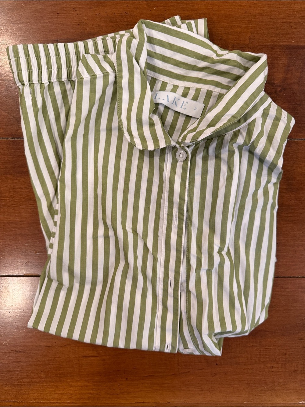 LAKE pajamas green and white stripe pants and long sleeve collared top size S
